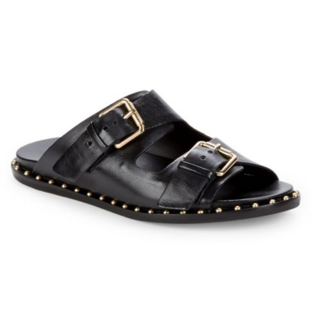 Leather Sandal with Goldtone Buckles & Studs